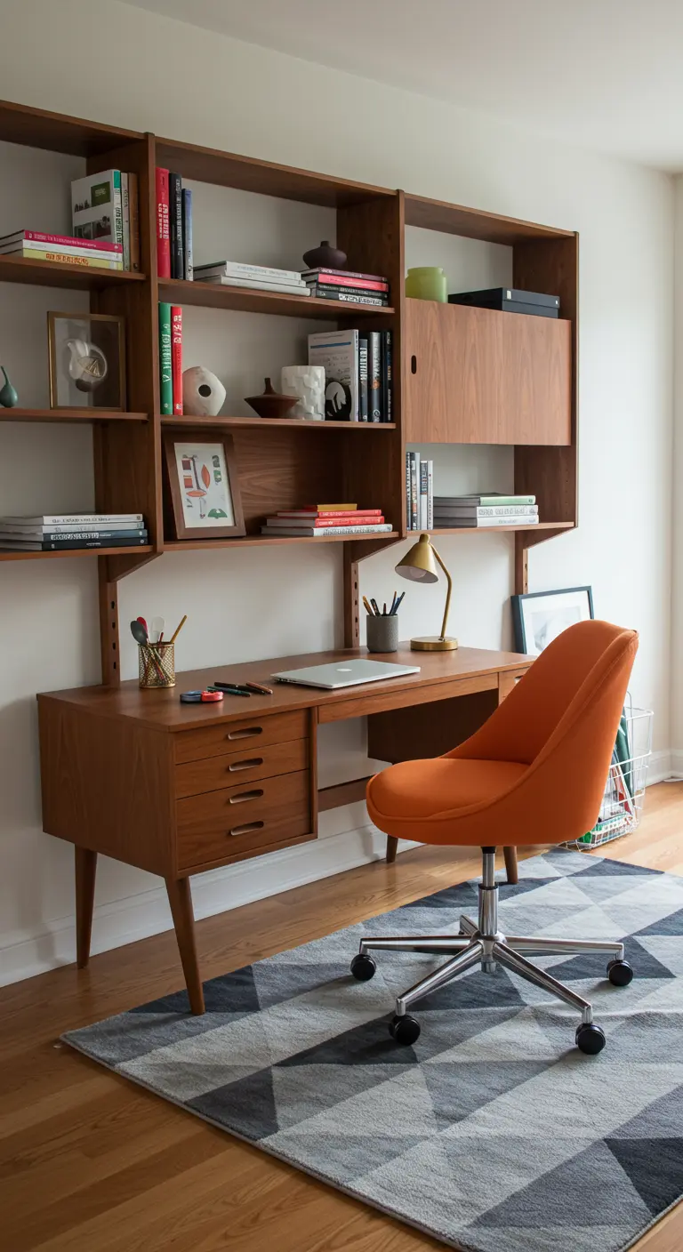 Home office featuring a large walnut wall unit with an integrated desk and orange chair.
