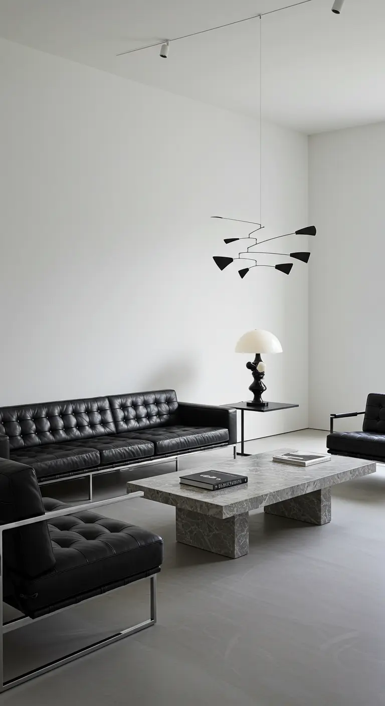 Minimalist room with a black leather tufted sofa, mobile chandelier, and a gray marble table.