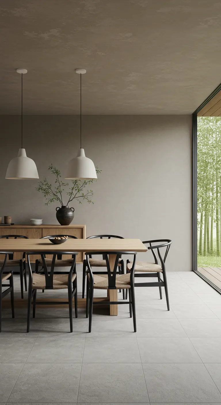 A Japandi dining room with black wishbone chairs around a light wood table.