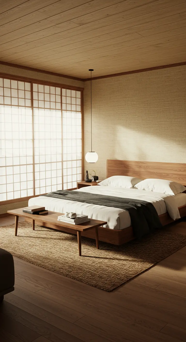 Japandi bedroom with a low wood bed, shoji screen, and natural textures.