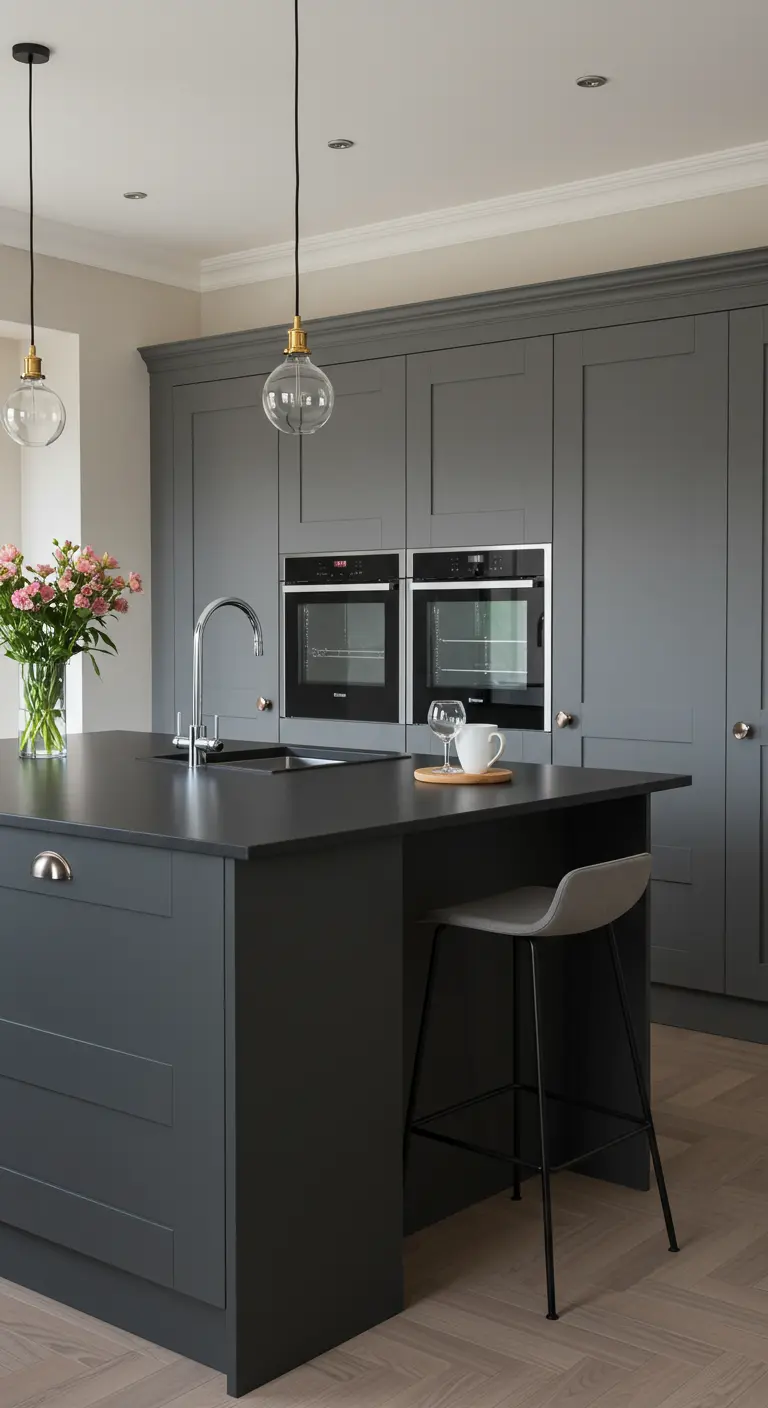 Dark grey Shaker-style kitchen island with a single modern grey bar stool tucked underneath.