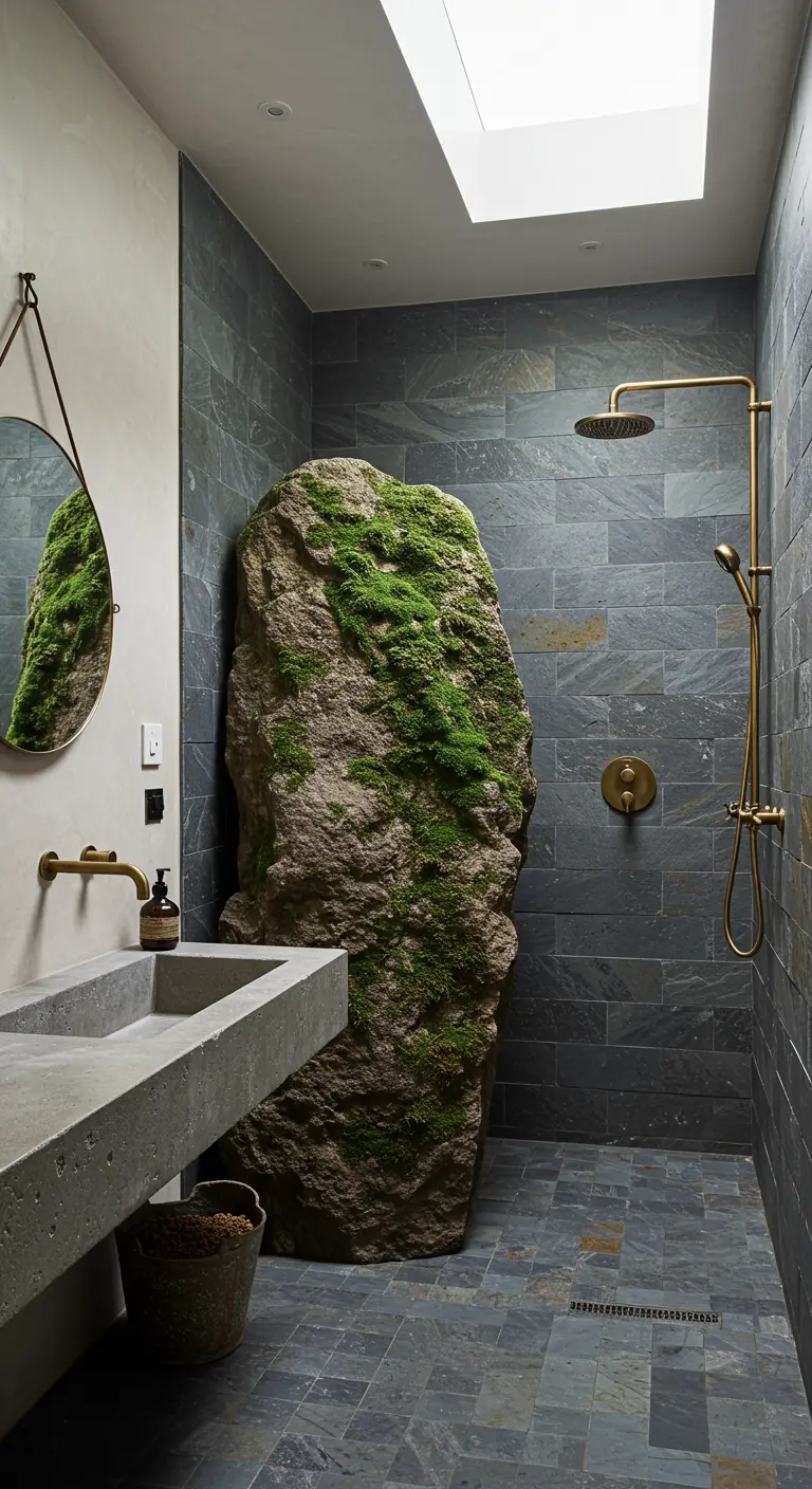 A slate-tiled shower with a large, moss-covered boulder integrated into the design.