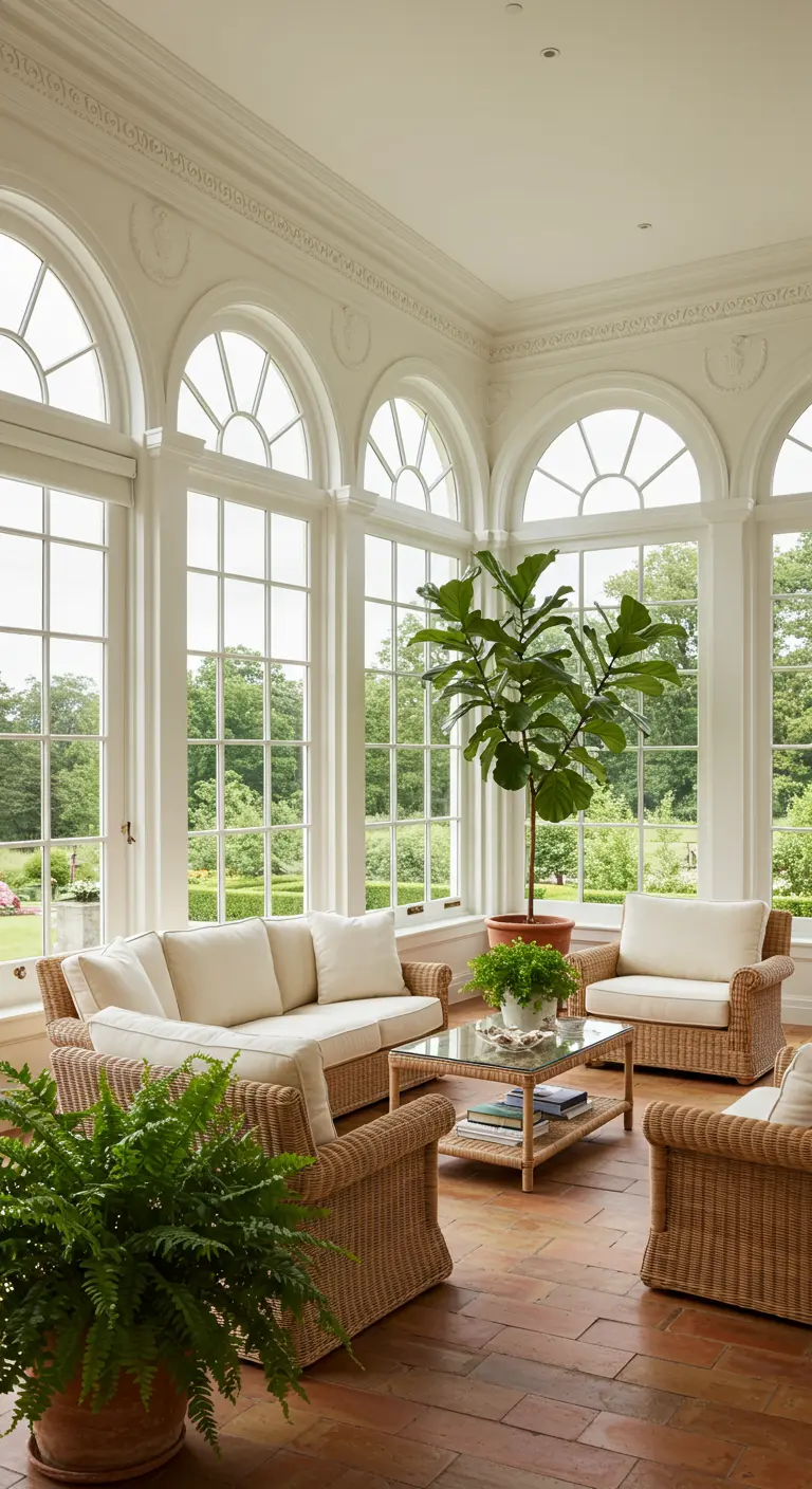 Bright sunroom with arched windows, wicker sofas and chairs, and large potted plants.