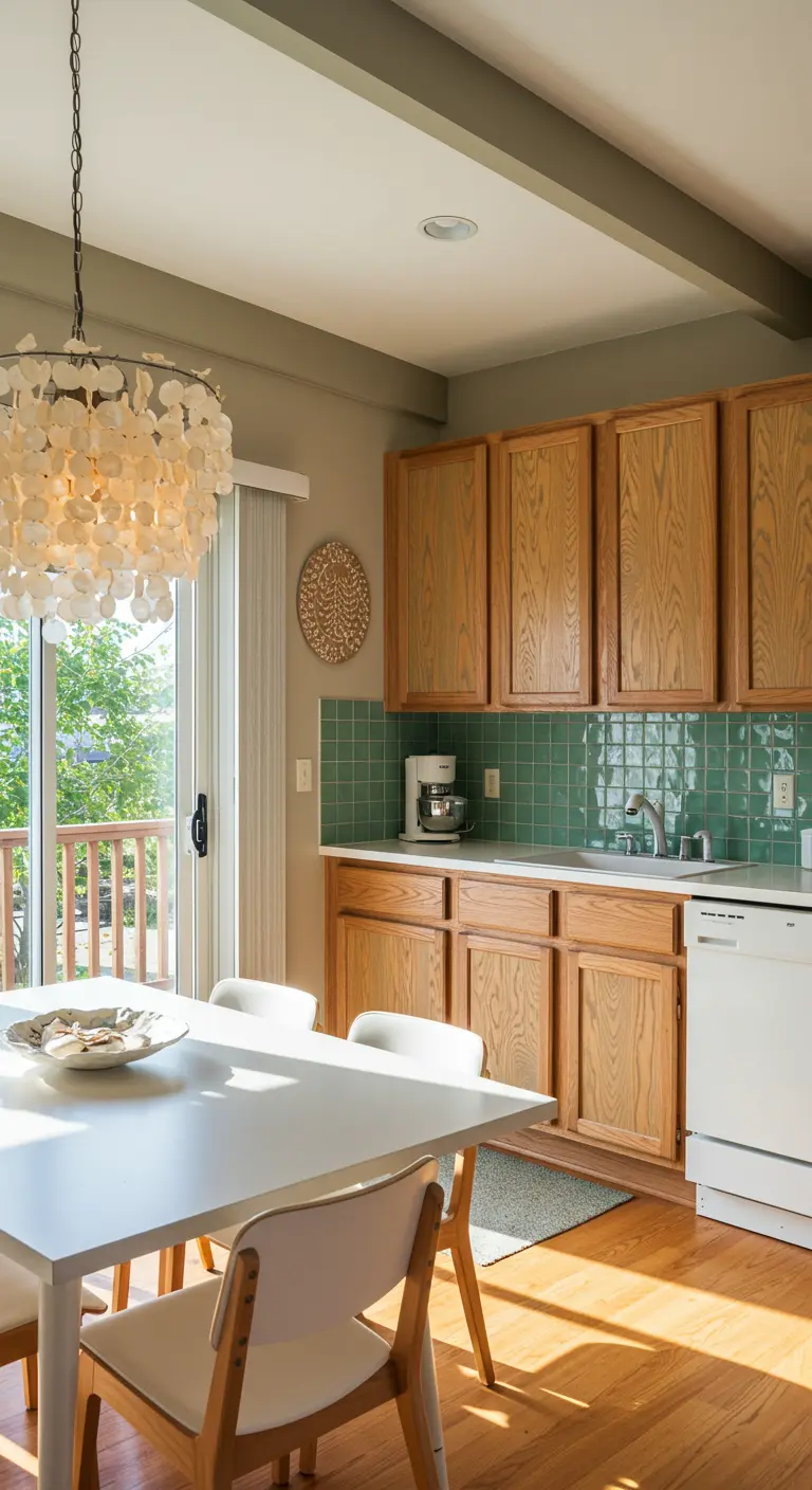 Dining area with teak cabinets and a large capiz shell chandelier.