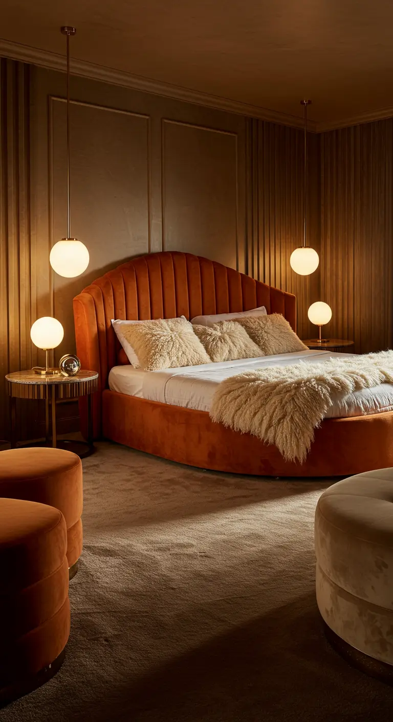 Bedroom with a curved orange velvet bed and textured wood paneling.