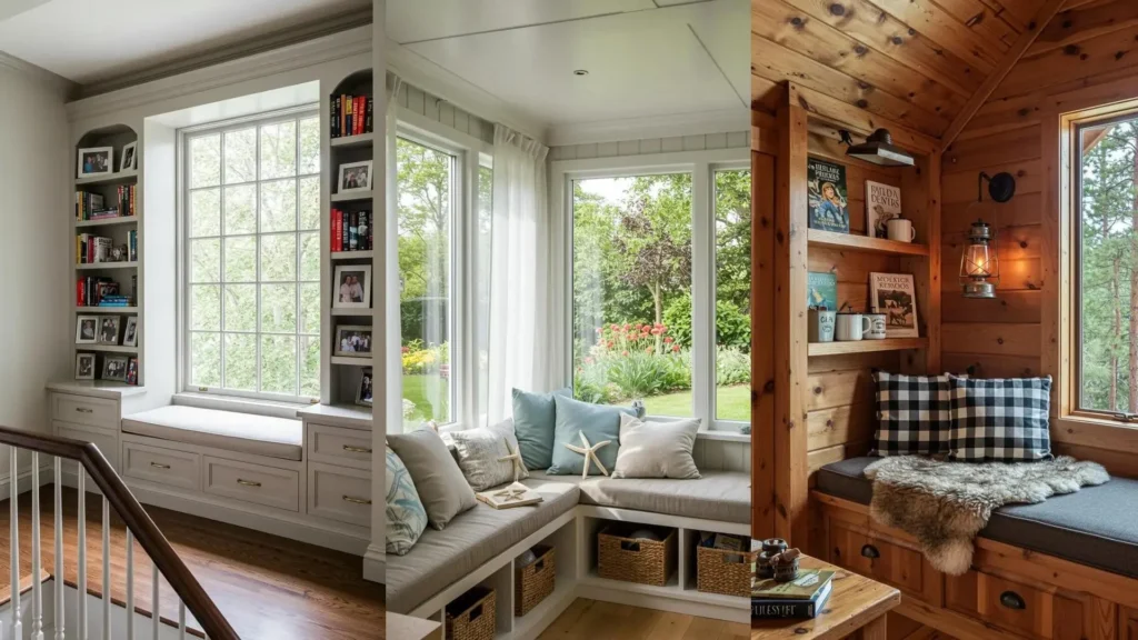 Three inviting reading nooks in small rooms with built-in bookshelves and bright natural light from large windows.