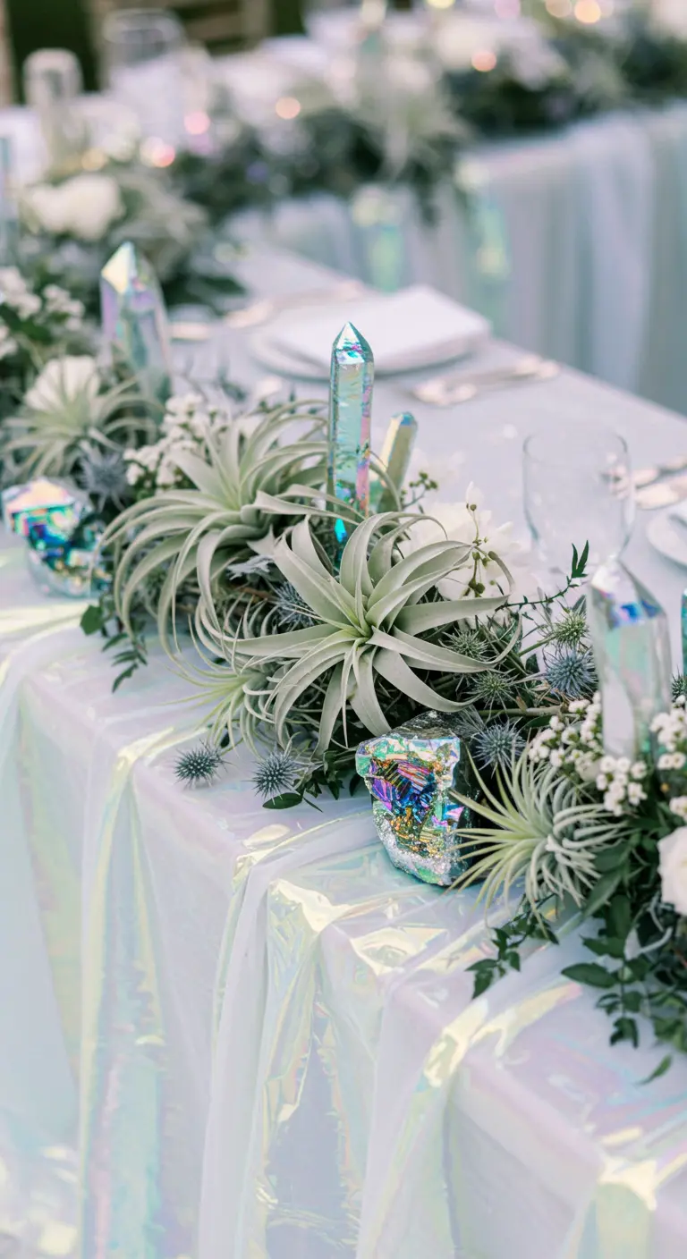 A futuristic tablescape with an iridescent cloth, air plants, and bismuth crystals.