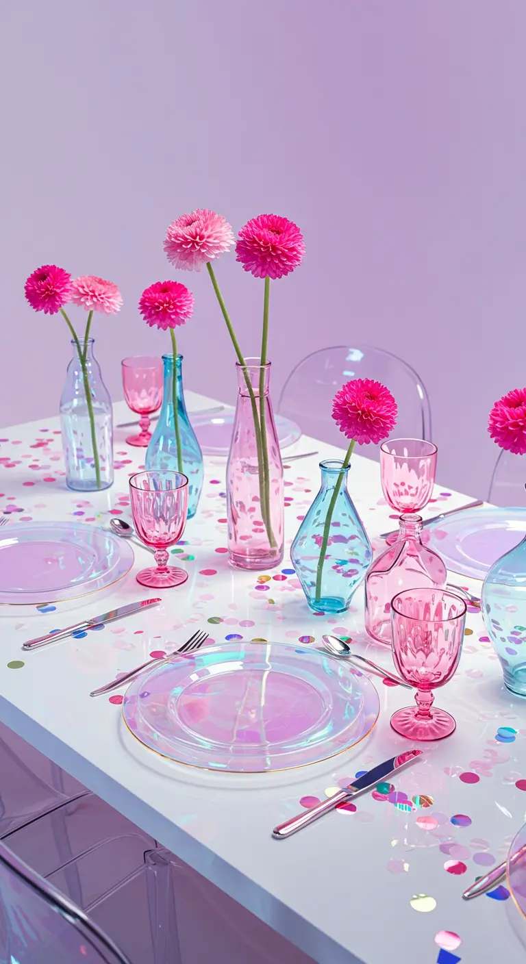 Whimsical table with iridescent plates, colorful glass vases, and confetti.