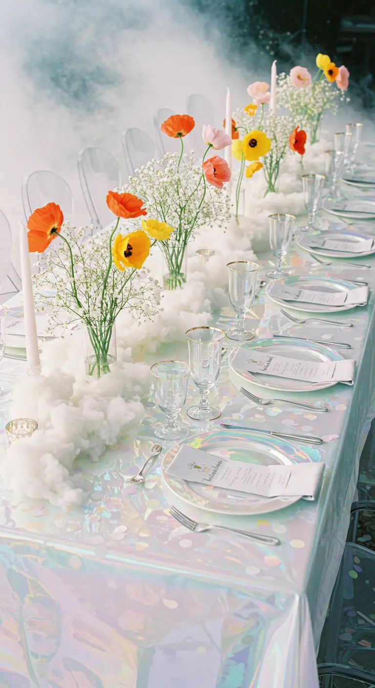 Ethereal tablescape with an iridescent cloth, cotton clouds, and poppies.
