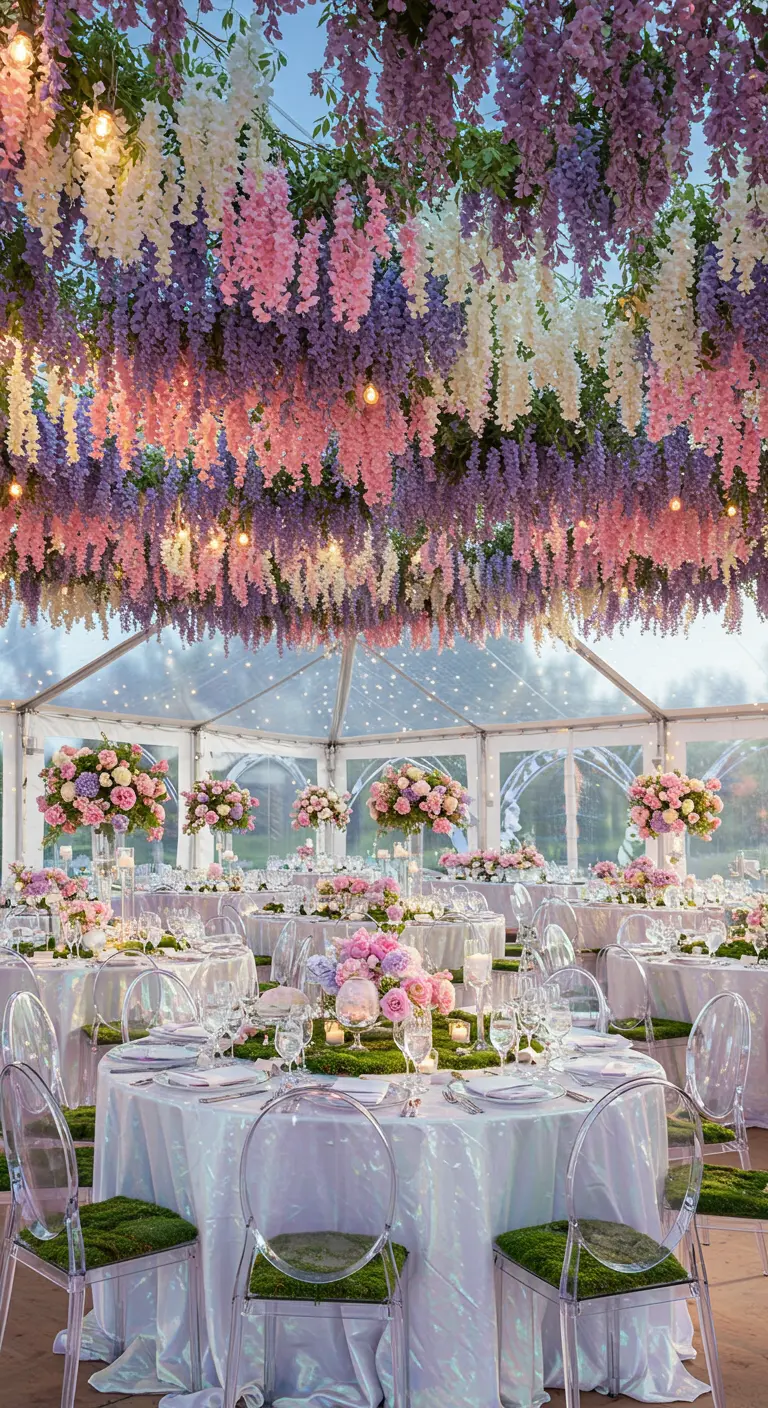 Wedding tent with a ceiling covered in colorful wisteria, lights, and iridescent table settings.