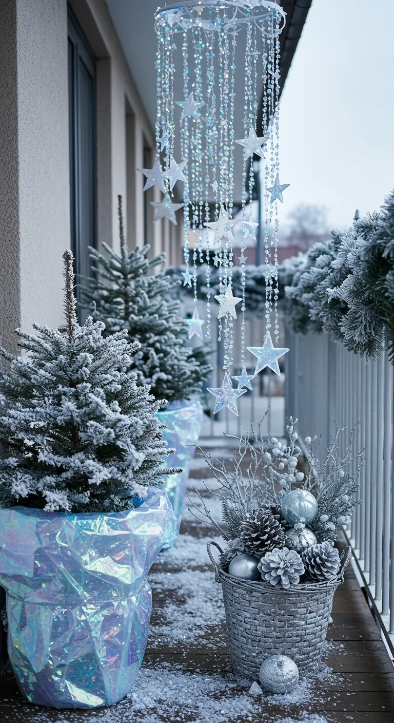 A frosted Christmas tree in an iridescent-wrapped planter with a hanging star mobile above it.