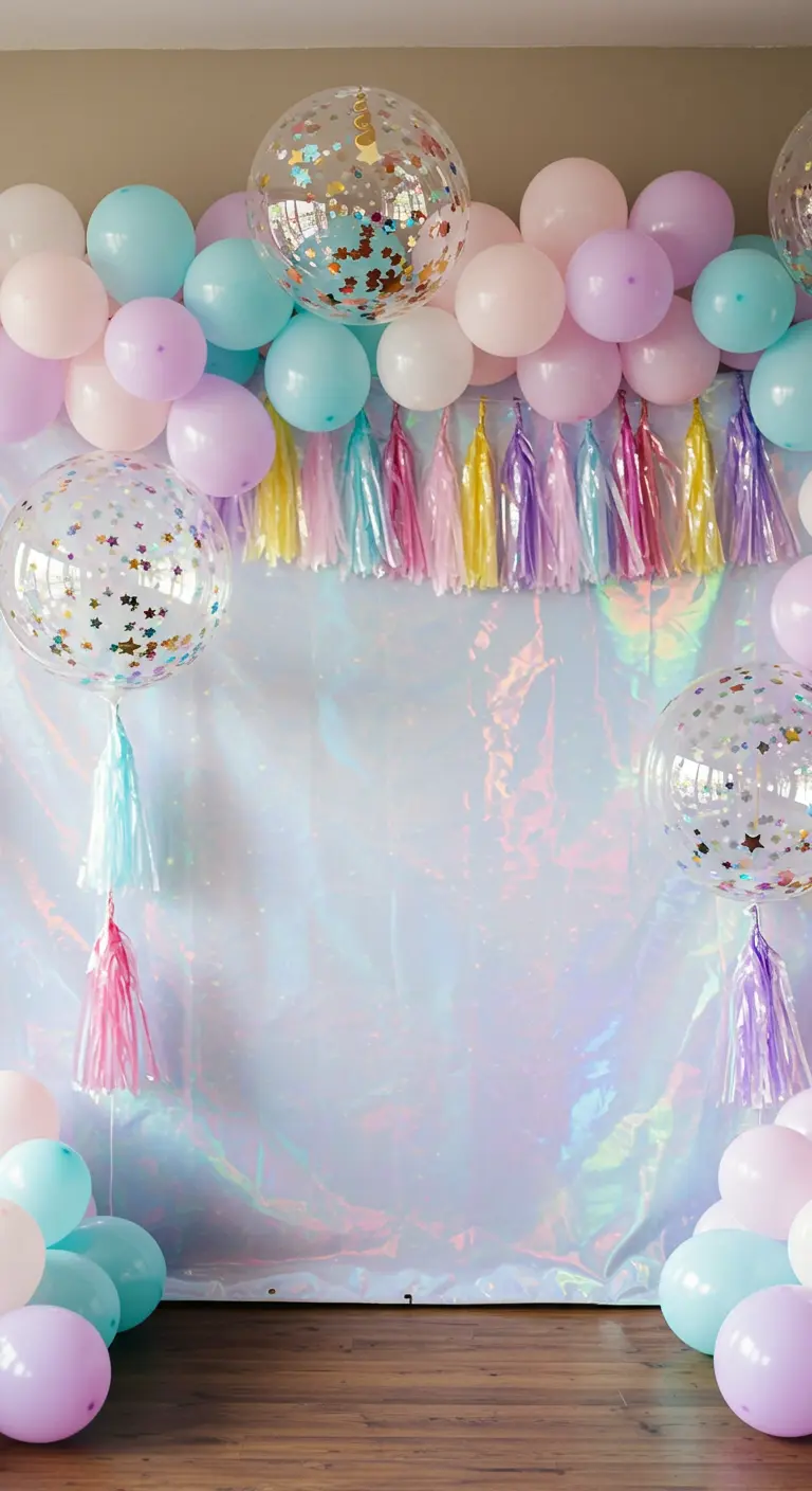 A party backdrop with an iridescent curtain, pastel balloons, and confetti balloons with star shapes.