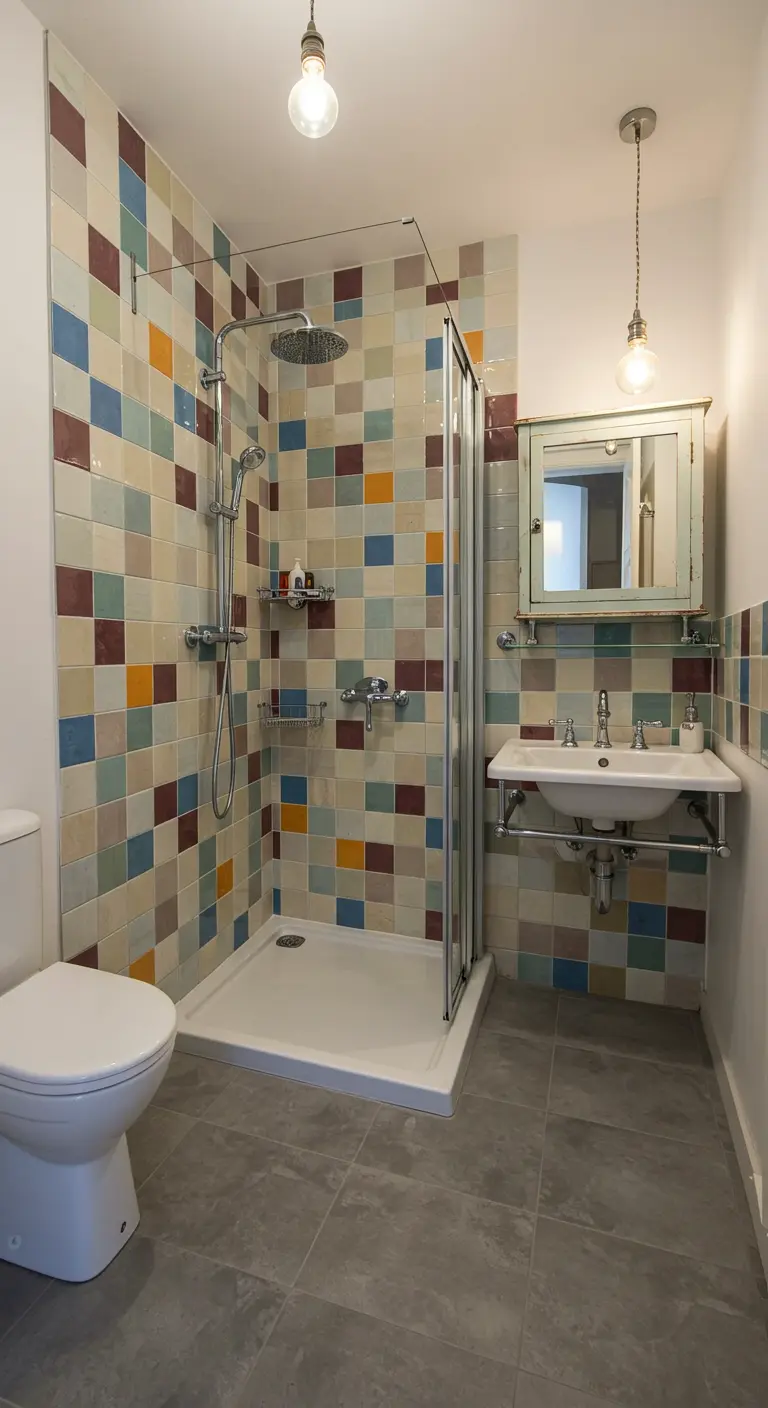 Modern bathroom with a colorful tiled shower stall and a simple pedestal sink.