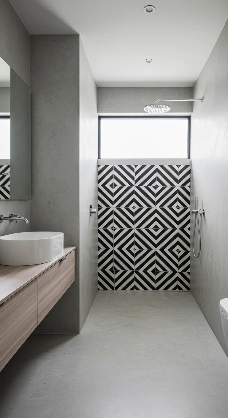 Minimalist concrete bathroom with a bold black and white diamond tile shower wall.