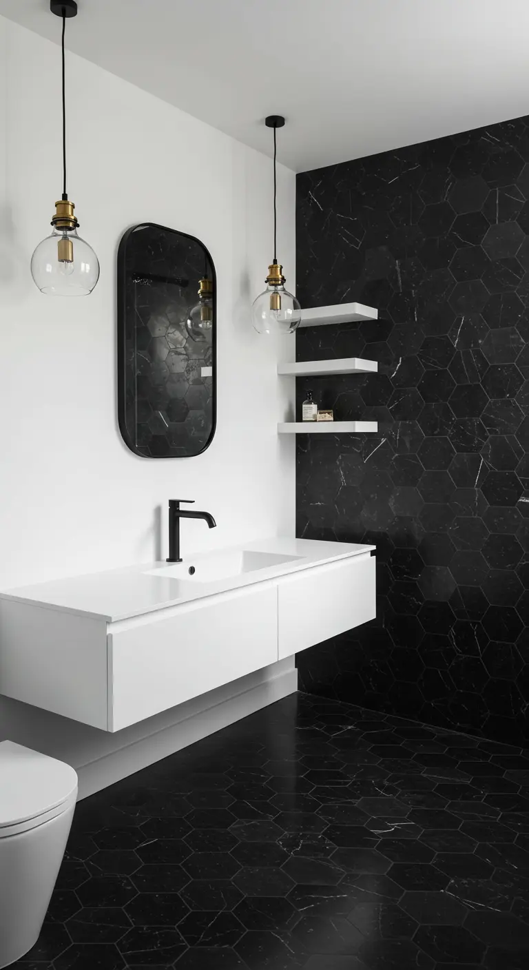 A minimalist white bathroom with a single accent wall of black hexagon tile.