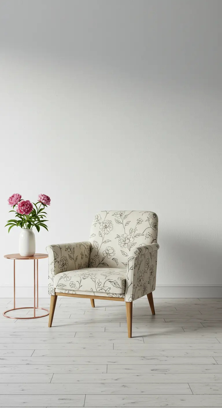 A single floral armchair and a slim rose gold side table against a plain white wall.