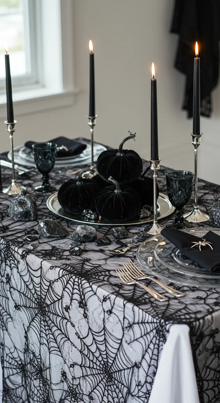 A Halloween table with a spiderweb lace tablecloth, black velvet pumpkins, and spider napkin rings.
