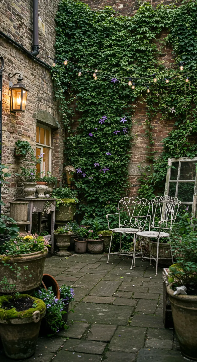 Charming courtyard with ivy-covered brick walls, string lights, many potted plants, and vintage white chairs.
