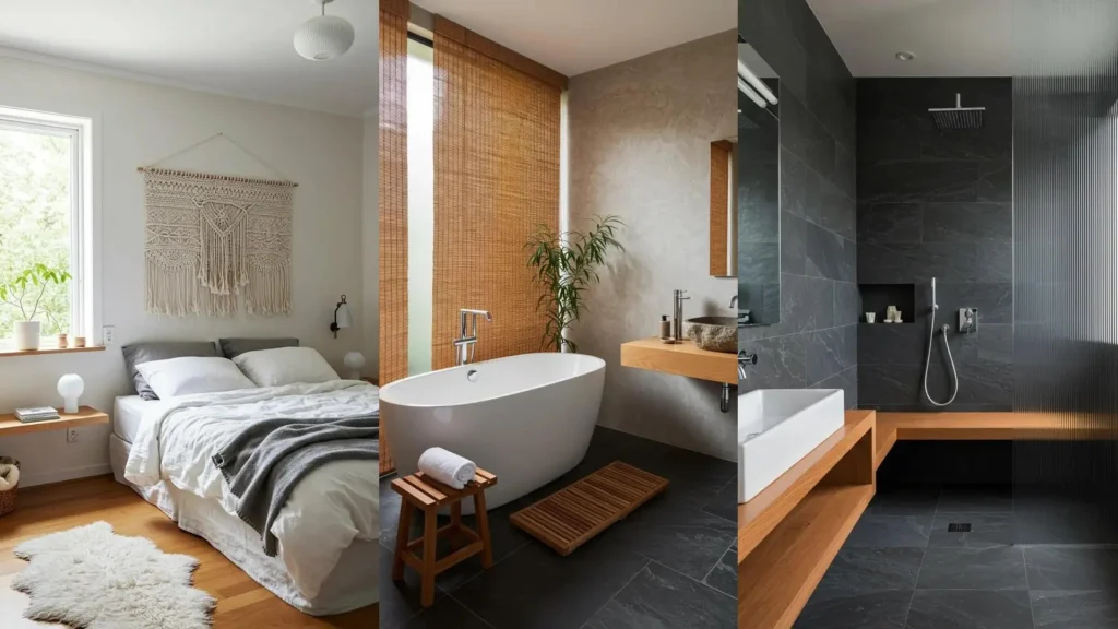 Japandi interior examples showing zen minimalism with Nordic warmth, including bedroom and bathroom designs with organic materials.