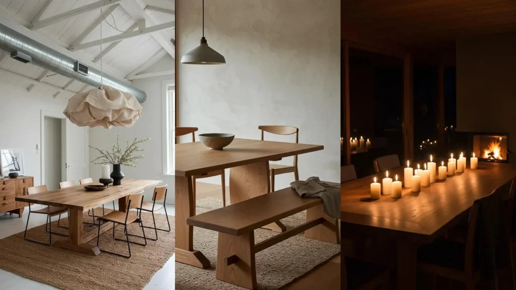 Three Japandi dining room scenes featuring raw oak furniture, soft linen pendant lights, and cozy candlelit ambiance.