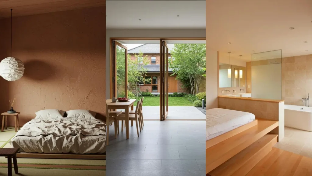 Diverse Japandi interiors featuring clean lines, neutral palettes, and organic minimalist design elements.