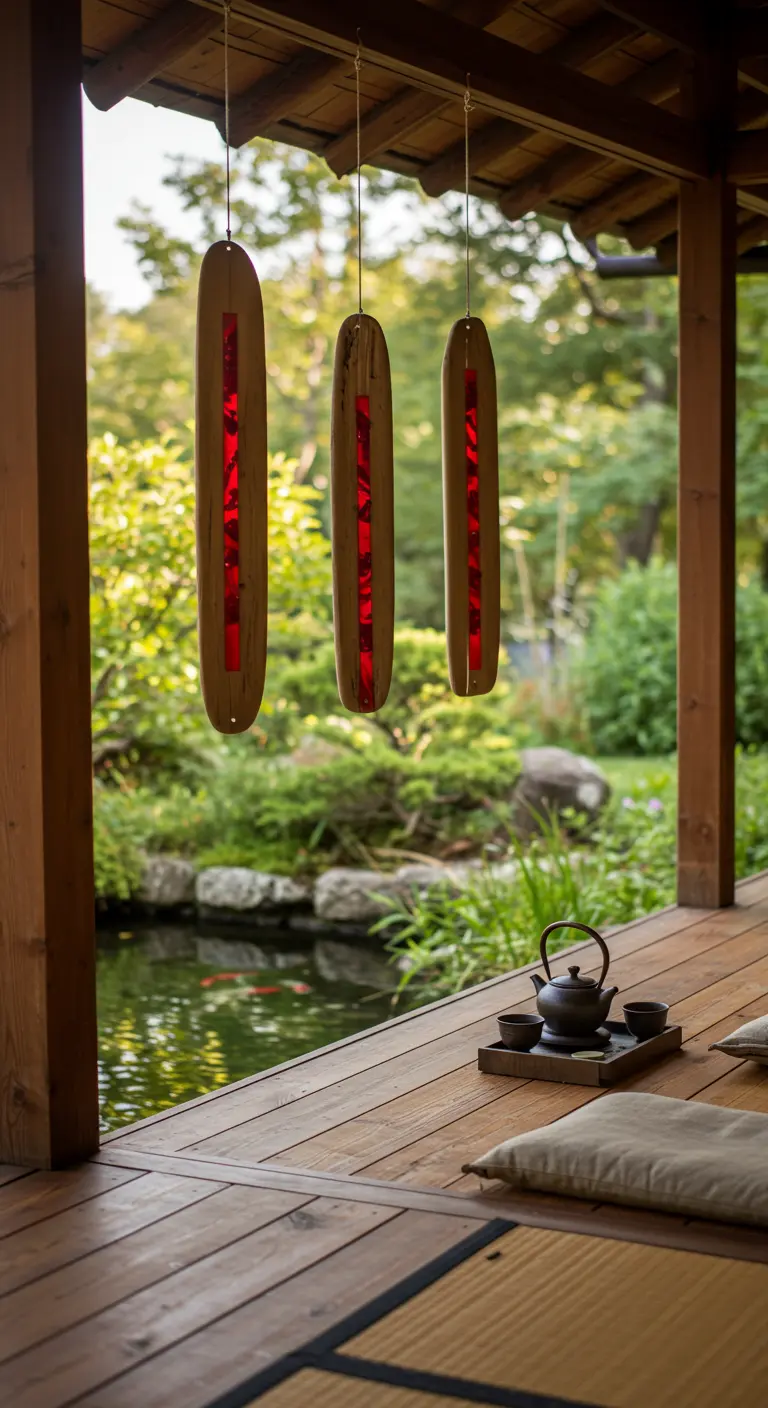 Three long, wooden spinners with red resin hanging in a row on a Japanese-style porch.