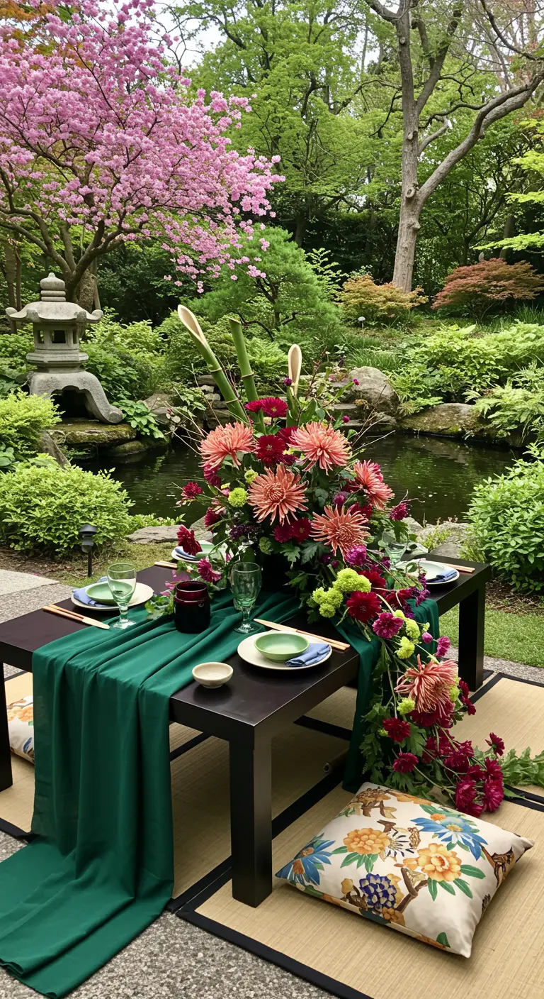 A low table in a Japanese garden with a chrysanthemum centerpiece and an emerald green runner.