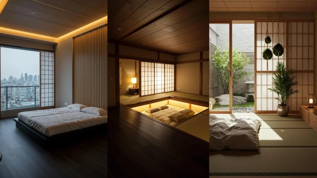 Zen Japanese minimalist bedrooms feature shoji screens, tatami flooring, and tranquil designs.