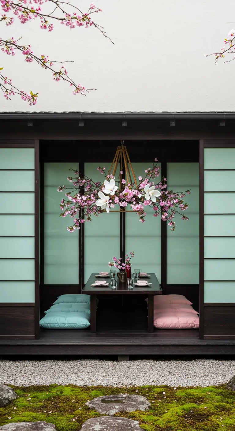 A Japanese-style dining area with a minimalist chandelier of magnolia and cherry blossom branches.