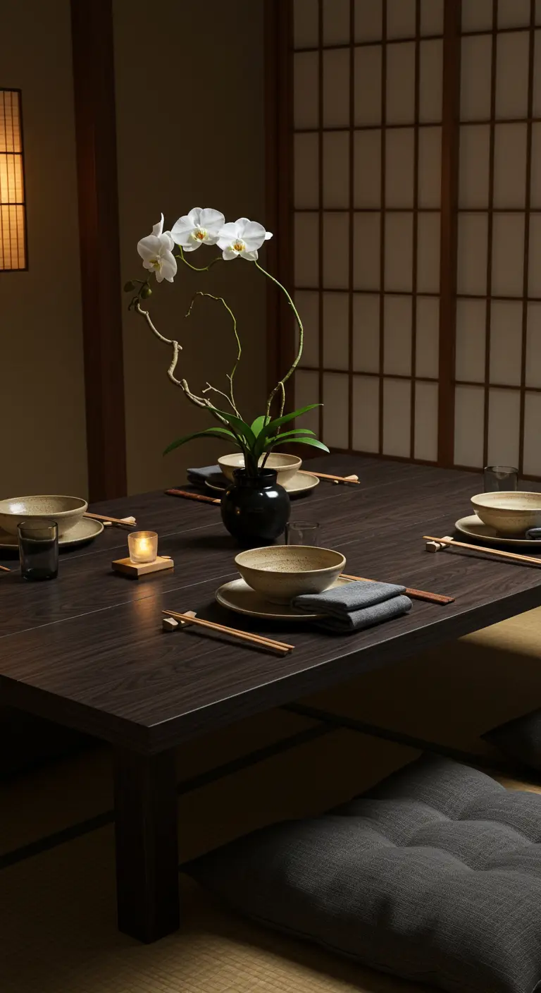 A low Japanese-style table with floor cushions, dark tableware, and an orchid centerpiece.