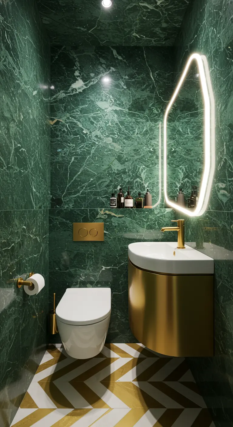 Small bathroom with floor-to-ceiling green marble, a gold vanity, and a backlit mirror.