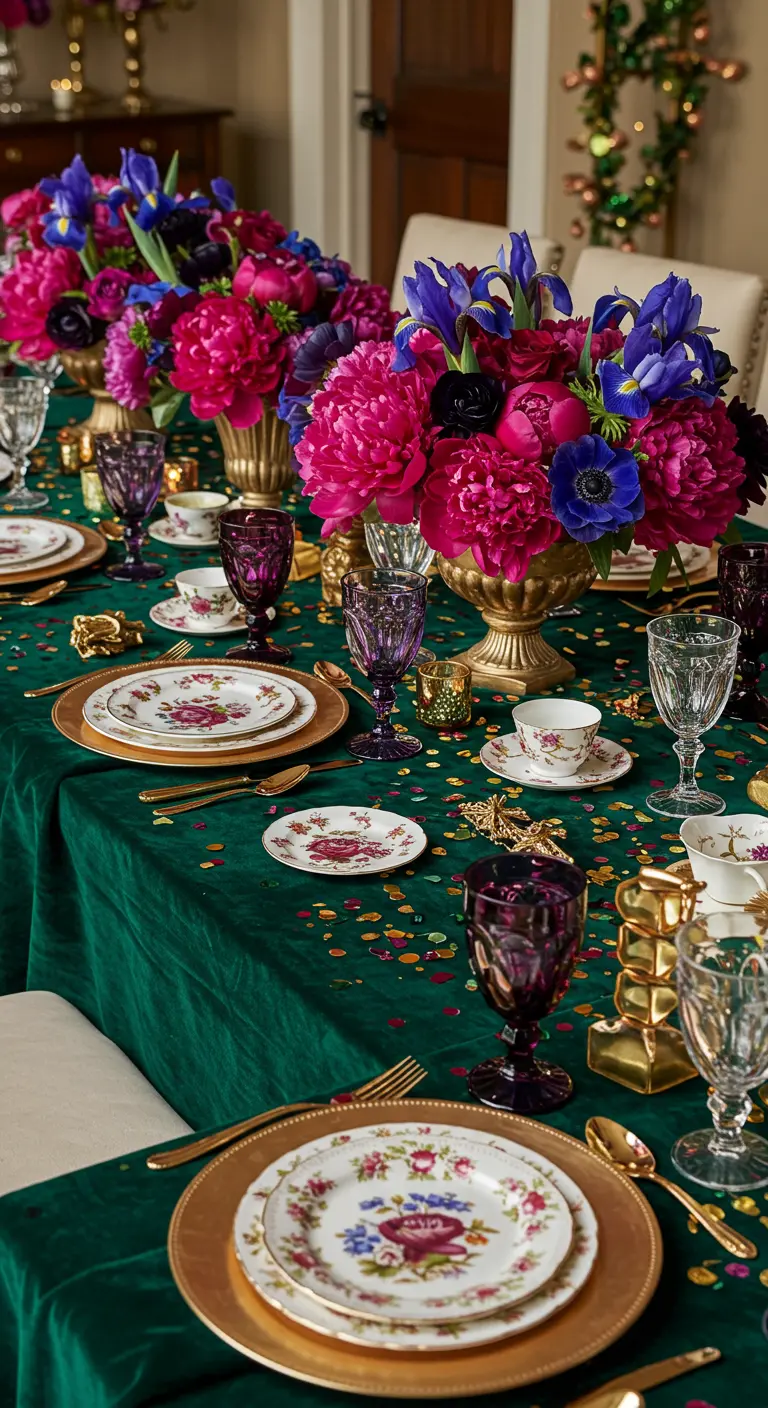 Opulent table with jewel-toned flowers, green velvet cloth, and gold details.