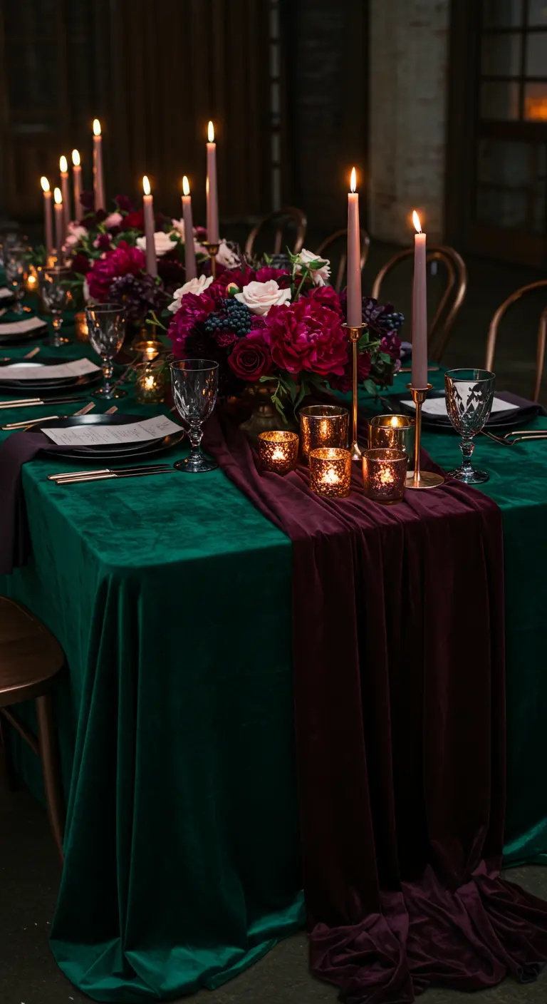 Dark tablescape with emerald velvet, burgundy runner, and jewel-toned florals.