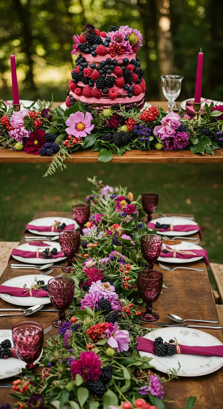 A berry-covered wedding cake on a table with a matching jewel-toned floral and berry garland.