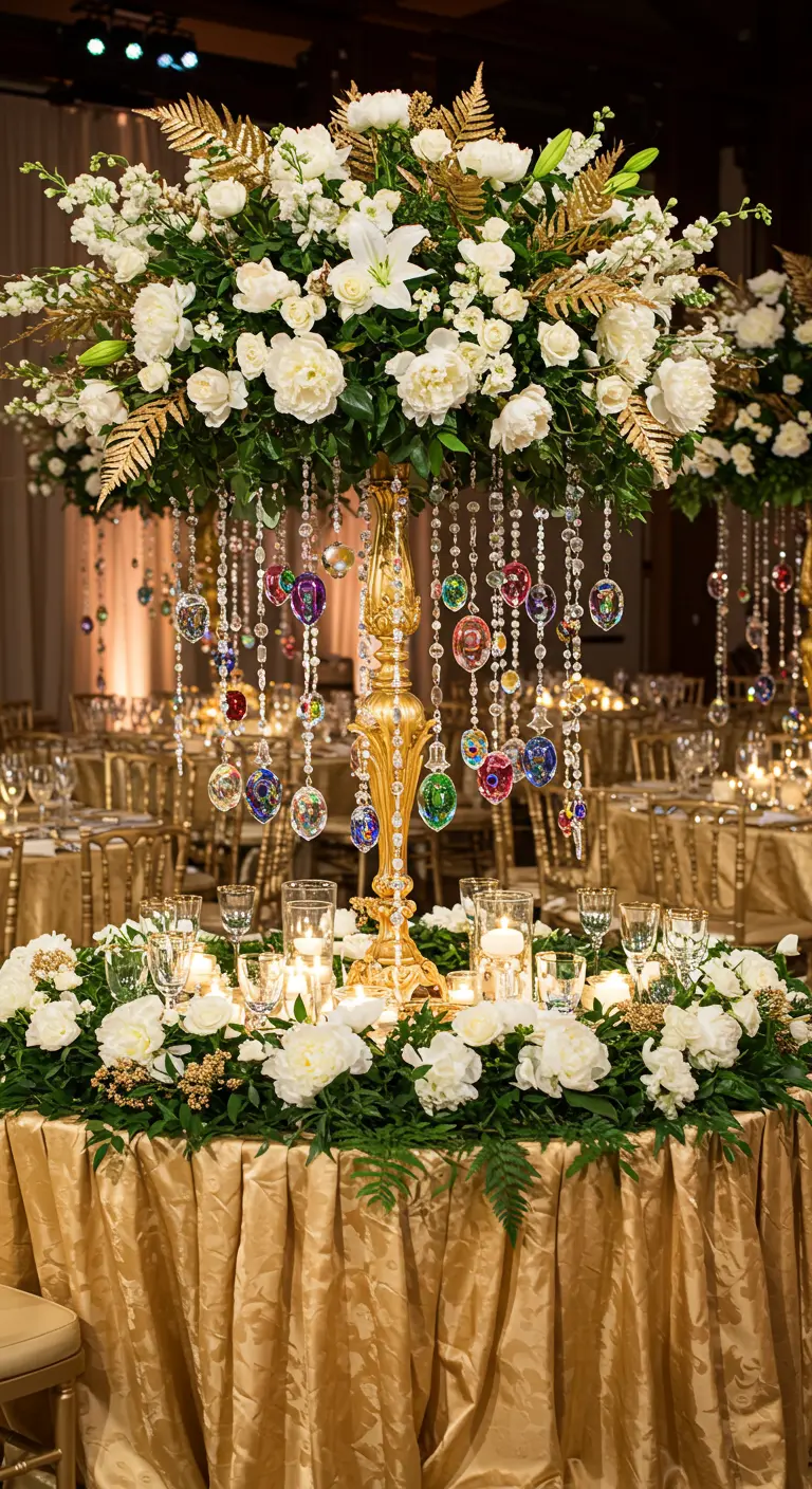 Grand white and gold floral centerpiece with colorful, jewel-toned crystals hanging down.
