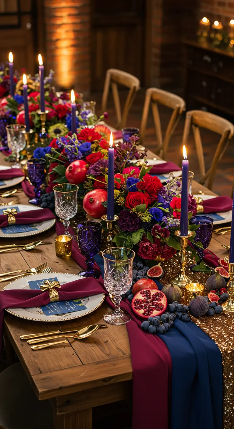 A rich, colorful tablescape with a gold runner, jewel-toned linens, and a fruit centerpiece.