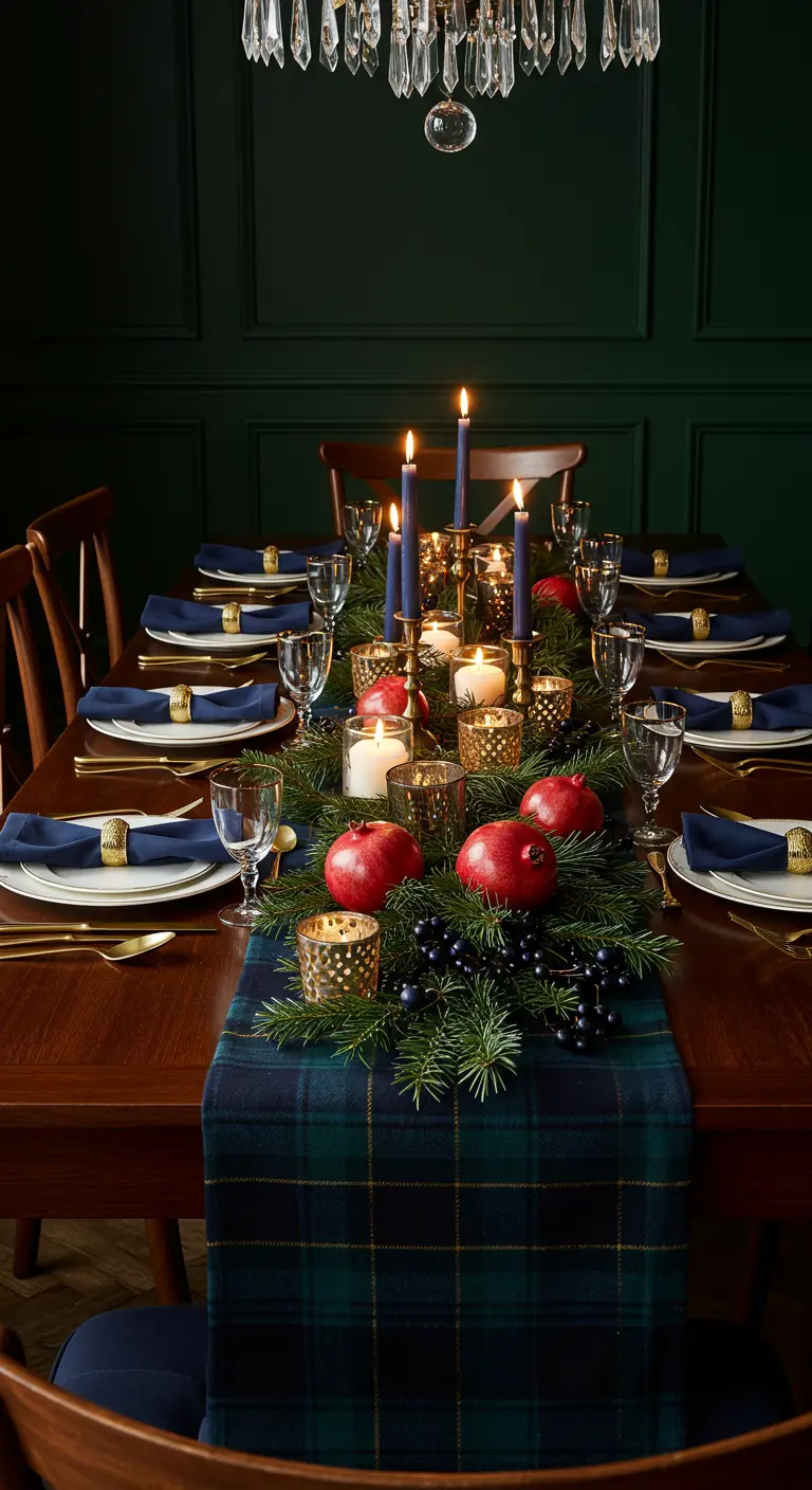 Dark green dining room with plaid runner, navy candles, pomegranates, and gold accents.