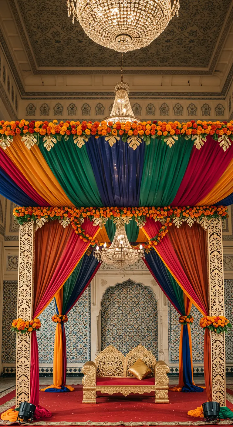 A lavish mandap with colorful jewel-toned drapes, marigold garlands, and a crystal chandelier.