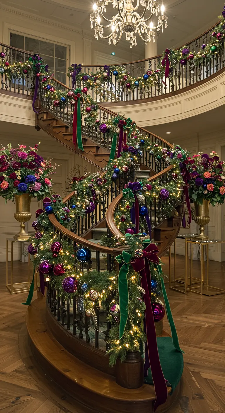 Grand staircase adorned with lush garland, multi-colored ornaments, velvet ribbons, and lights.