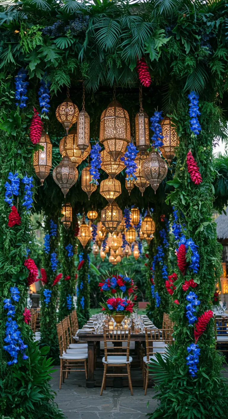 A lush green walkway covered in foliage, lit by Moroccan lanterns and bright blue and red flowers.