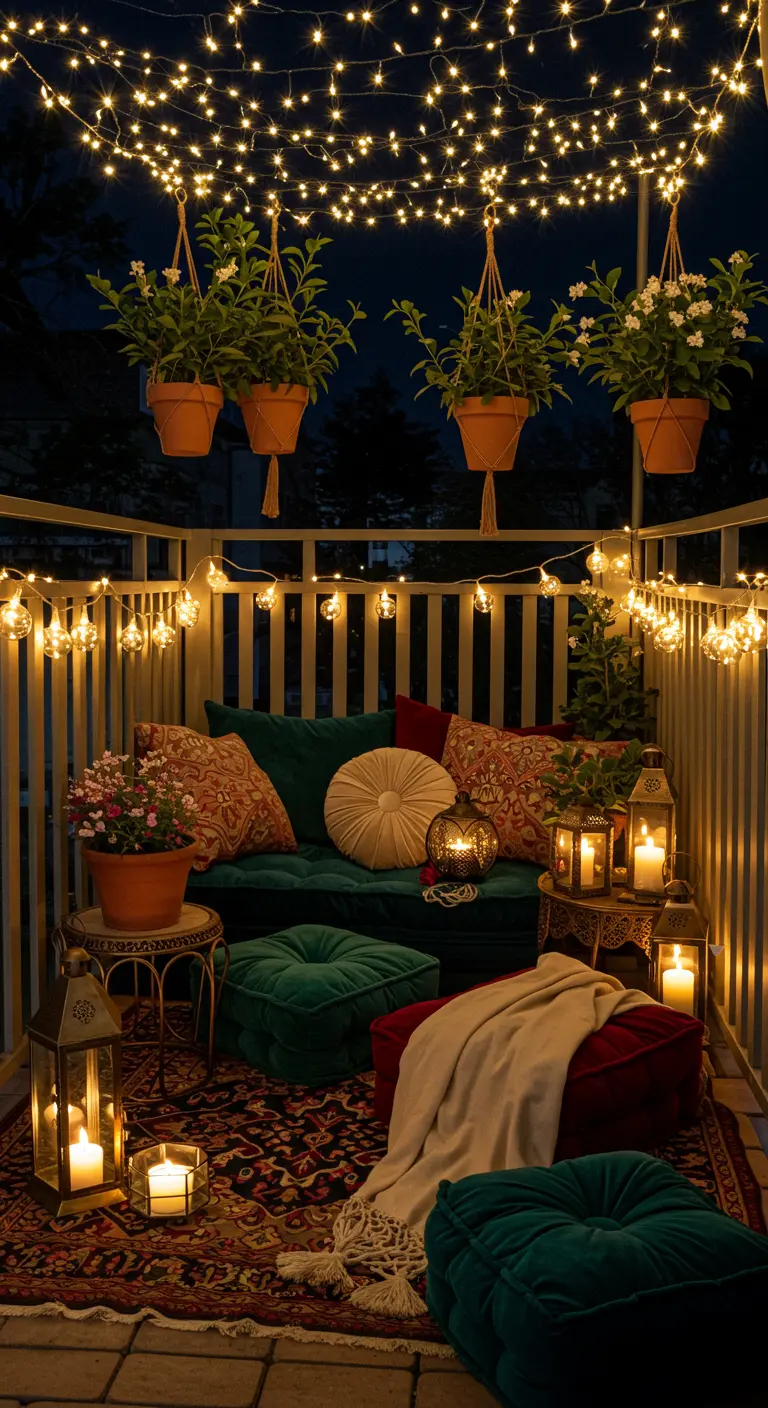Balcony at night with green velvet cushions, glowing lanterns, and fairy lights.