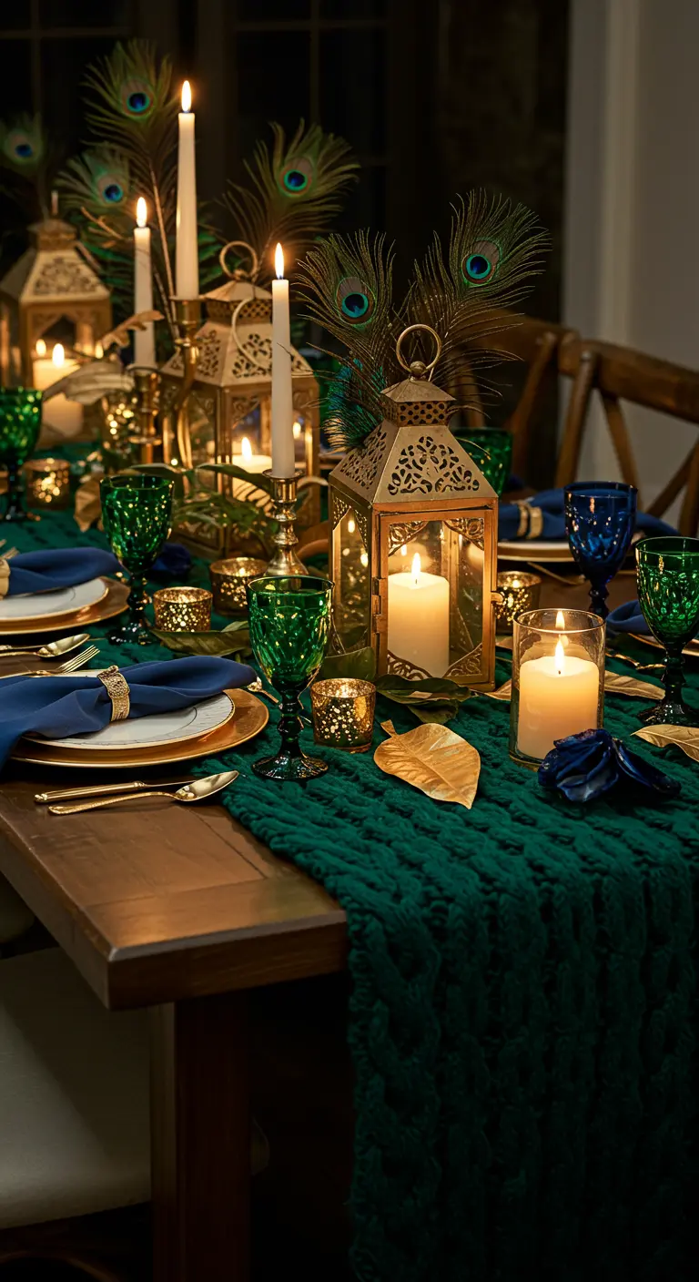 Glamorous table with a green knit runner, gold lanterns, and peacock feathers.