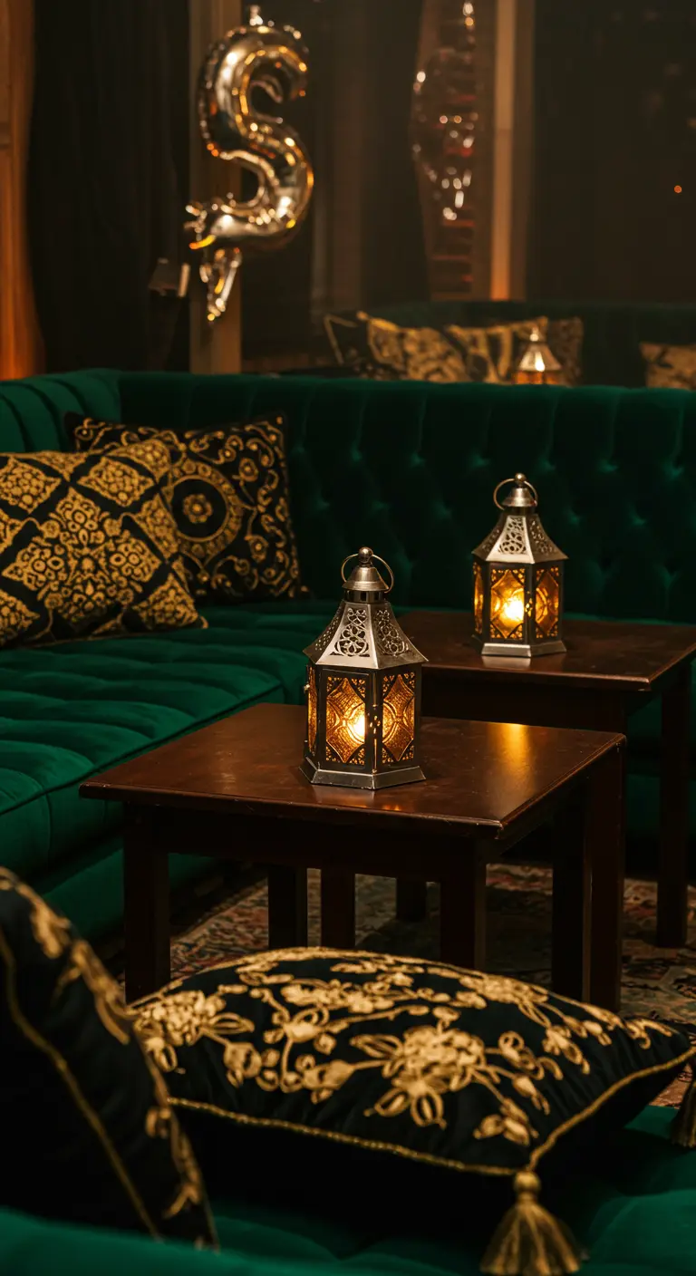 An emerald velvet sofa with ornate pillows and glowing Moroccan lanterns on side tables.