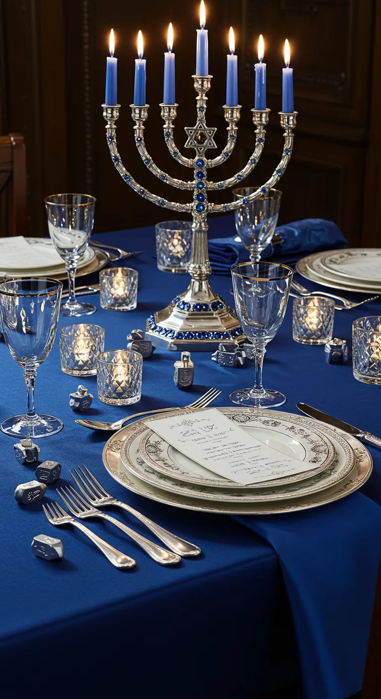 A luxurious Hanukkah table setting with a jeweled silver menorah and ornate tableware.