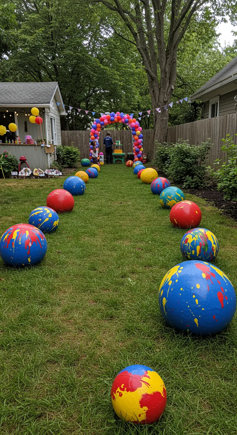 A backyard pathway lined with large, colorful splatter-painted balls.