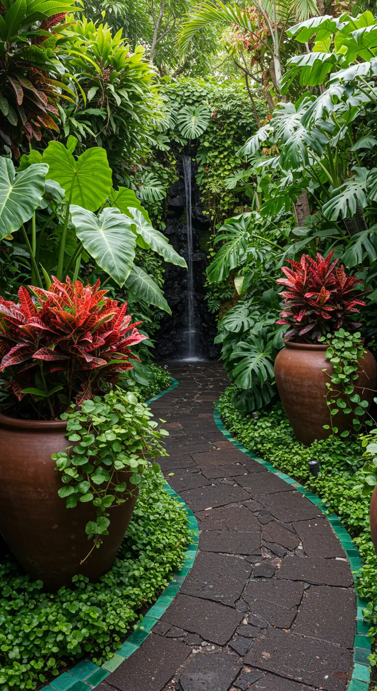 A winding stone path through a lush jungle garden with red and green tropical plants.