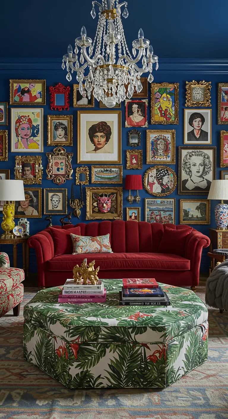 Maximalist lounge with blue walls, red sofa, a vibrant pop art gallery wall, and a tropical ottoman.