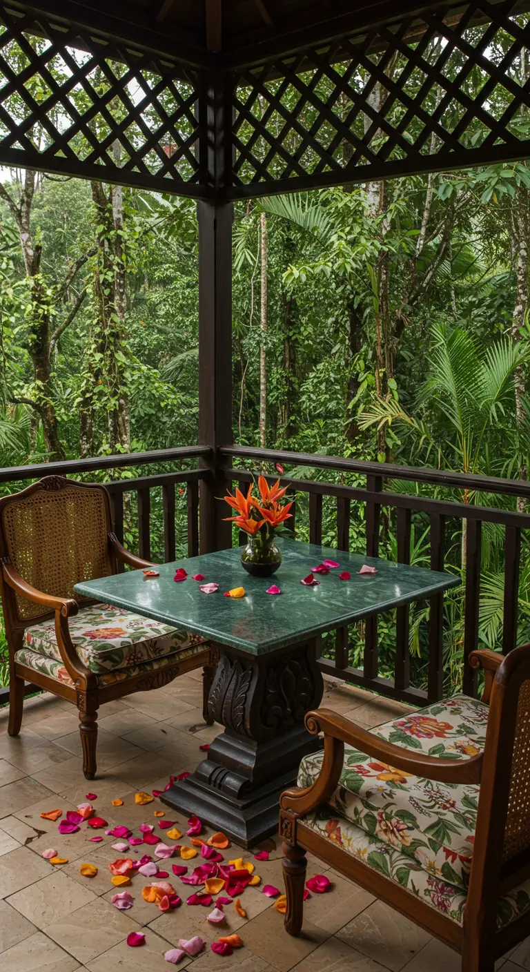 A dark green marble table in a lush, lattice-covered gazebo with carved wooden chairs.