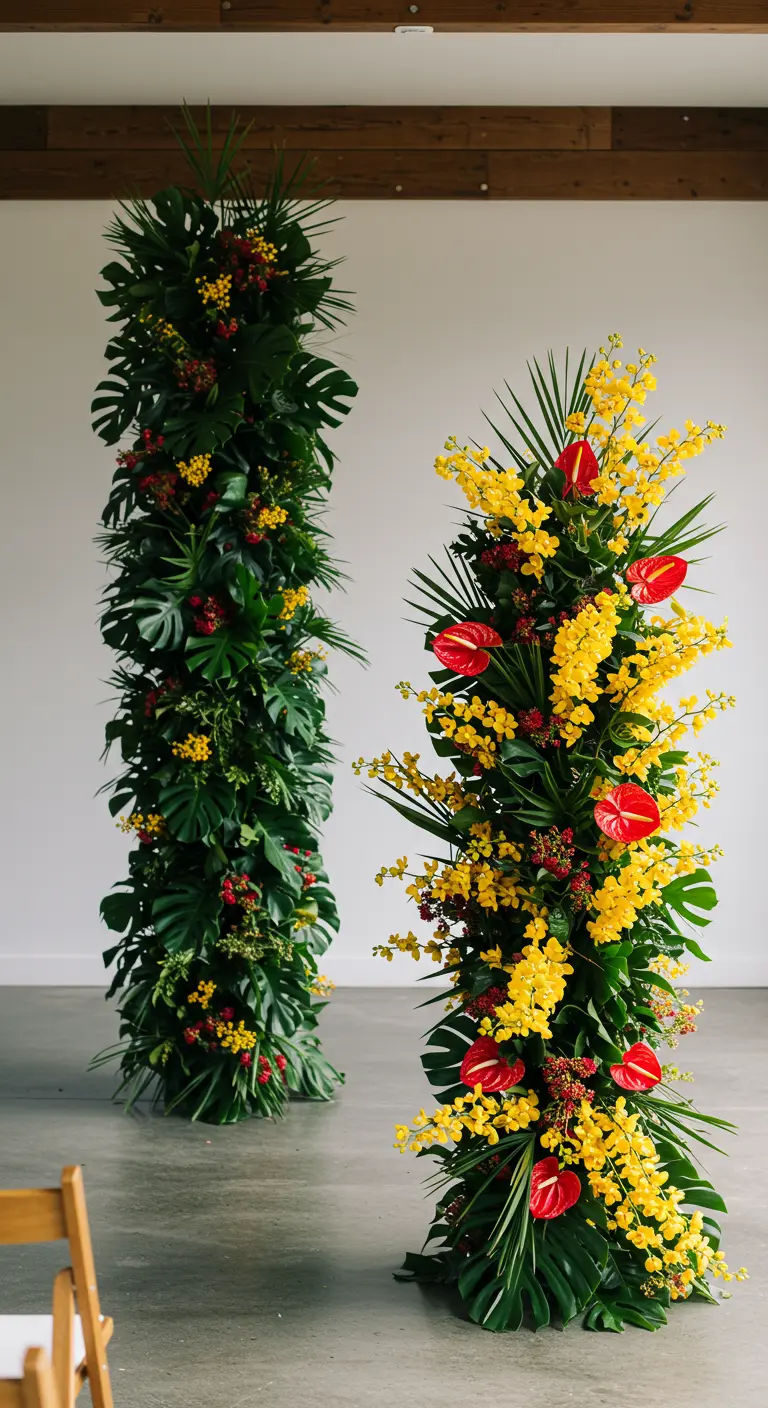 Two tall, free-standing floral pillars made of tropical leaves, yellow orchids, and red anthuriums.