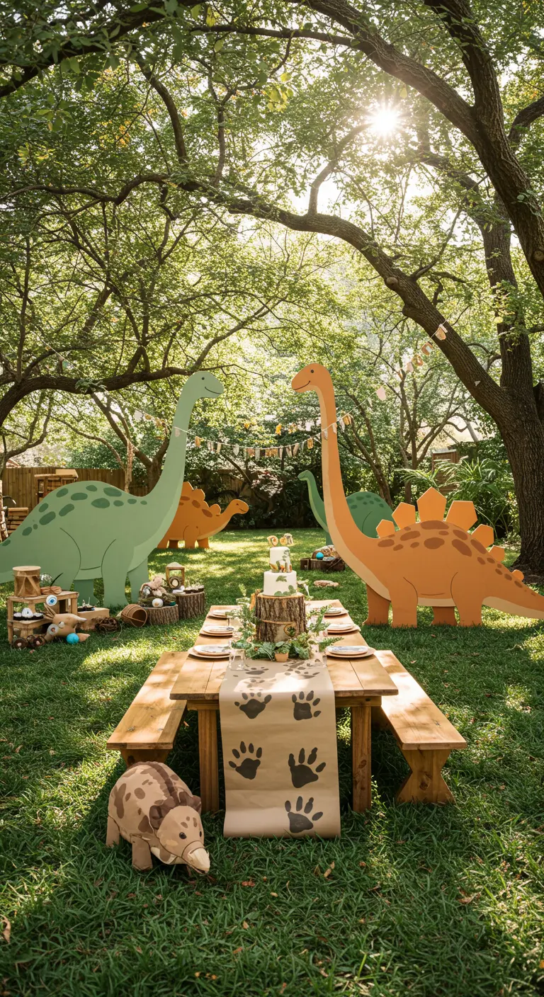 Large painted dinosaur cutouts in a green backyard setting for a birthday party.